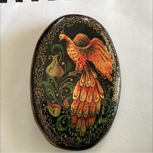 1992 Russian Handcrafted Black and Gold Firebird Phoenix Brooch Oval 3”